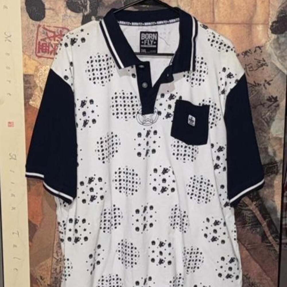 Born Fly Geometric Print Polo Shirt White Black 3XL